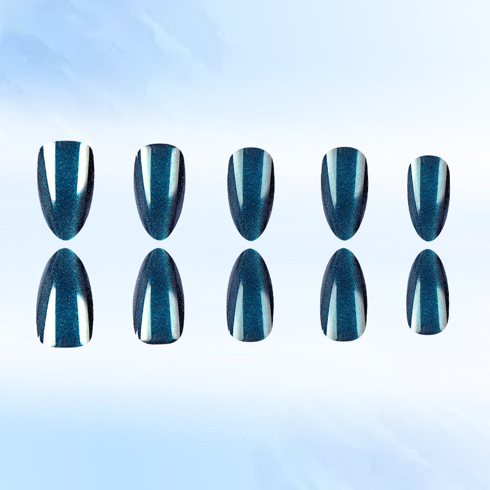 Enchanting Night Sky Long Almond Shaped Deep Blue Metallic Press On Nail Set with Shimmering Effect