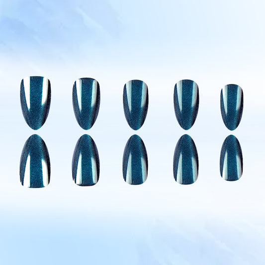 Enchanting Night Sky Long Almond Shaped Deep Blue Metallic Press On Nail Set with Shimmering Effect