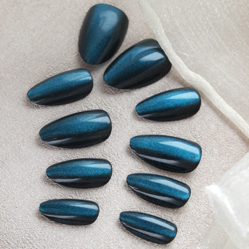 Mystical Midnight Glamour Long Almond Shaped Dark Teal Press On Nail Set with Iridescent Shine