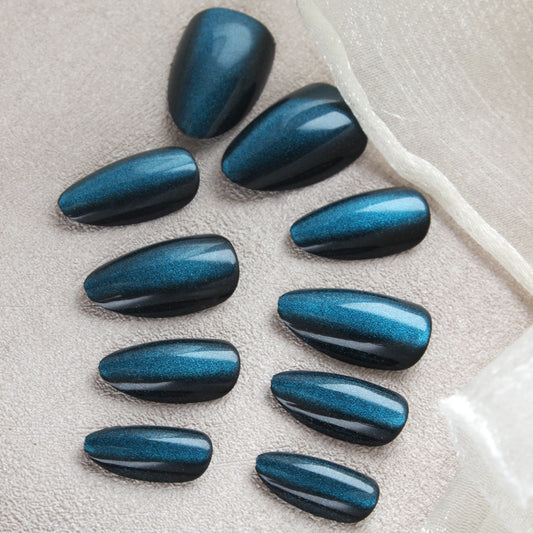 Mystical Midnight Glamour Long Almond Shaped Dark Teal Press On Nail Set with Iridescent Shine