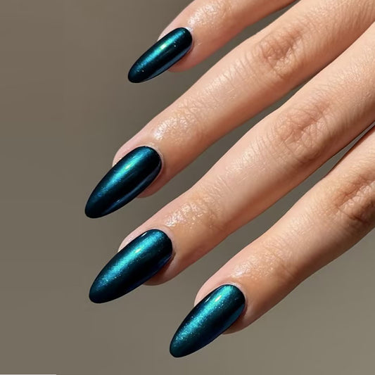 Mystical Elegance Long Almond Teal Shimmering Press On Nail Set