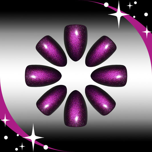 Cosmic Glamour Long Almond Purple Glitter Press-On Nail Set with Stunning Shimmer Finish