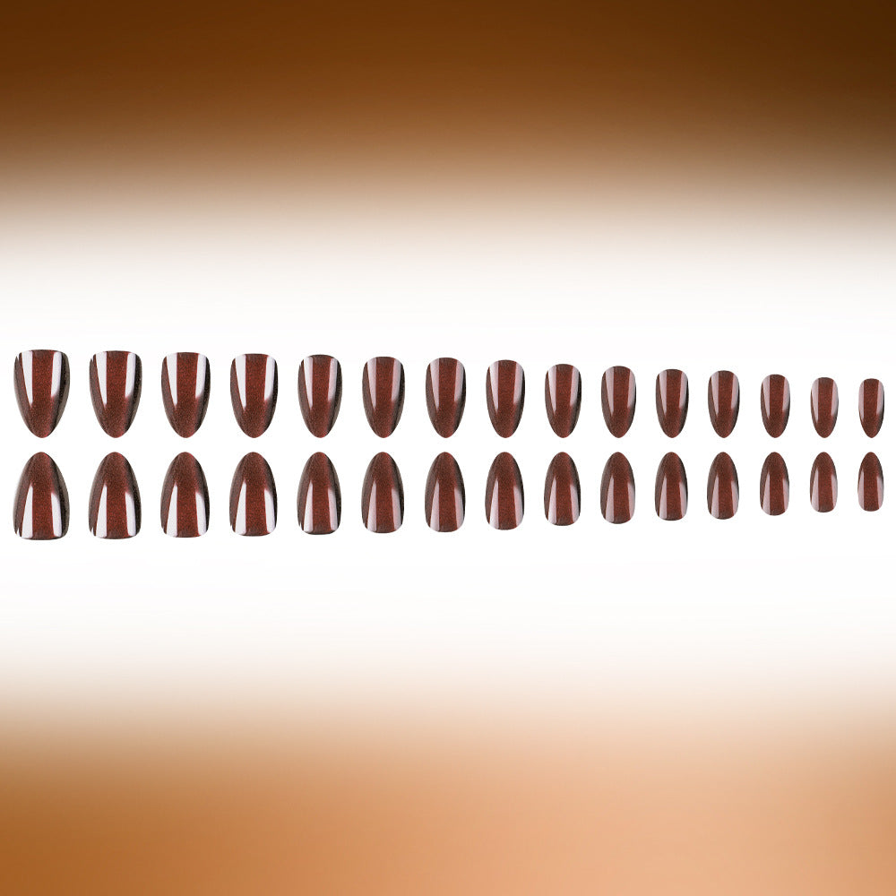 Autumn Elegance Long Almond Brown Metallic Press On Nail Set With Glossy Finish