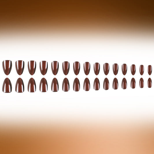 Autumn Elegance Long Almond Brown Metallic Press On Nail Set With Glossy Finish