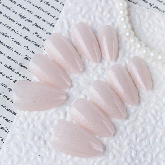 Blush Delight Long Almond Press-on Nail Set in Soft Pink with Iridescent Sparkle Finish