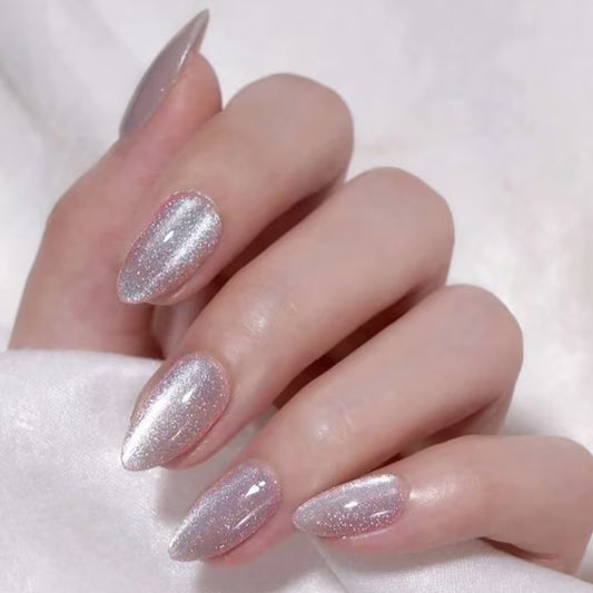 Celestial Glow Long Almond Shaped Shimmering Silver Press On Nail Set