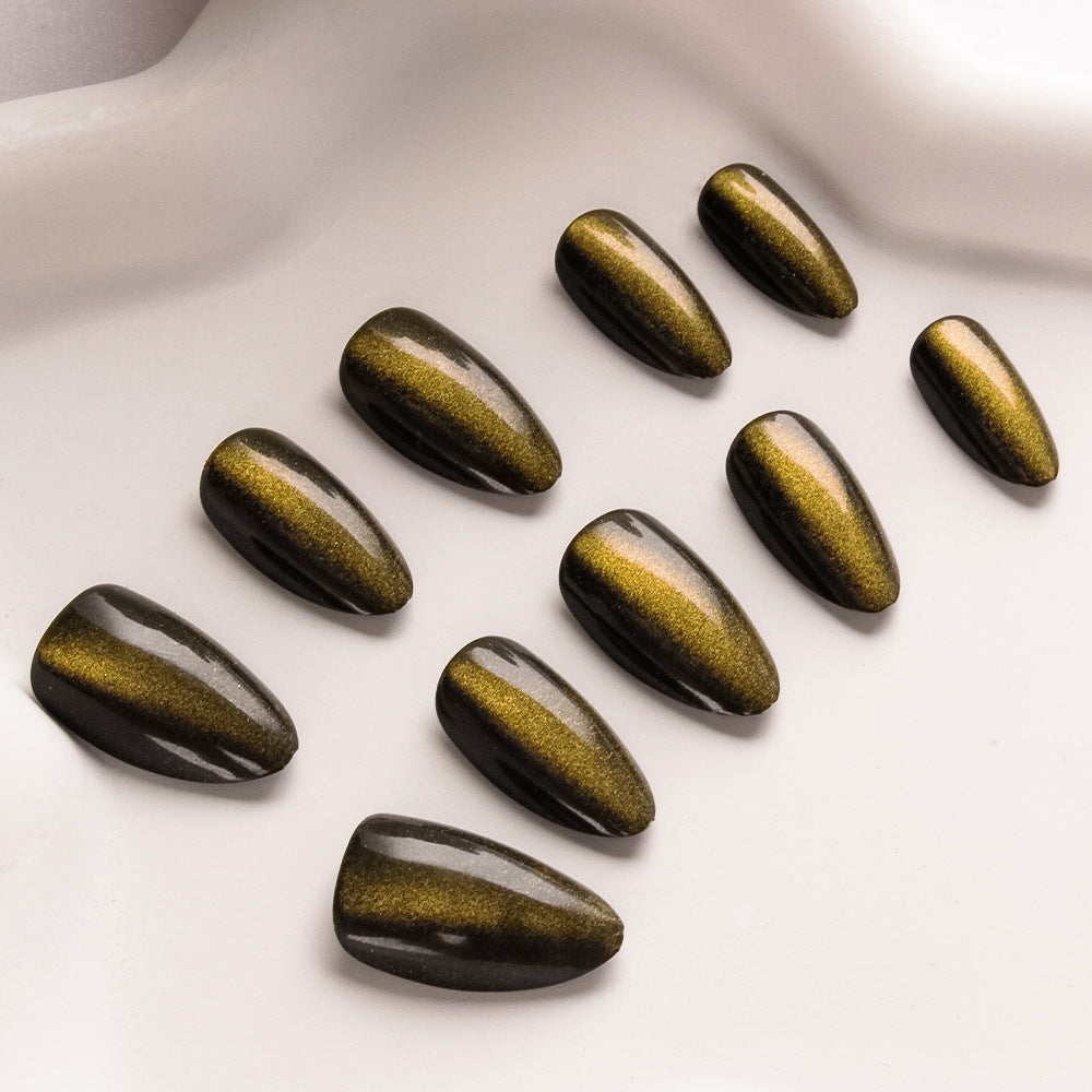 Mystical Forest Glossy Long Almond Shaped Black and Gold Shimmer Press on Nail Set