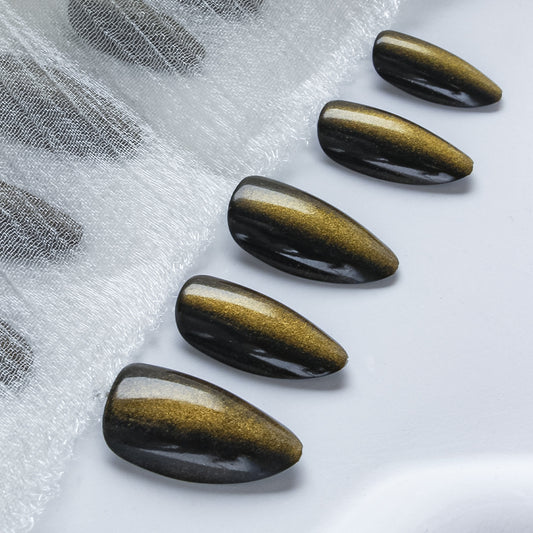 Mystical Glitter Glamour Long Almond Gradient Black and Gold Press On Nail Set with Shimmering Finish