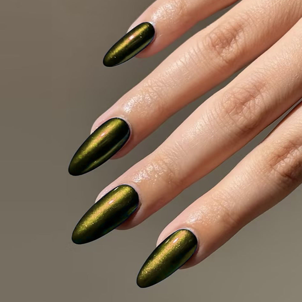 Mystical Forest Glamour Long Almond Green Metallic Shine Press On Nail Set