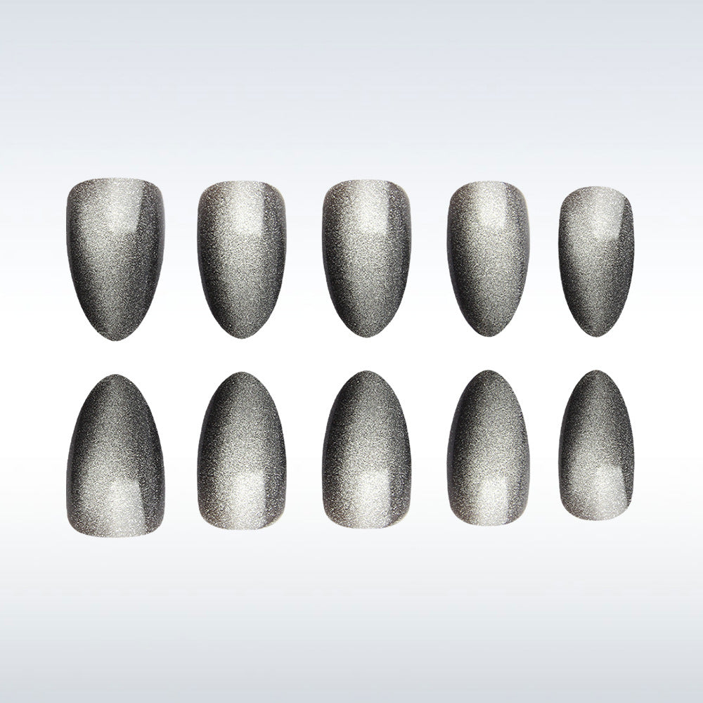 Glistening Galaxy Long Almond Silver Metallic Press On Nail Set with Starry Finish