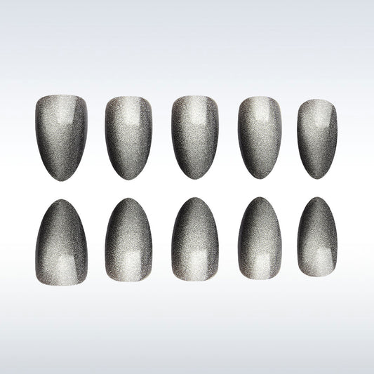 Glistening Galaxy Long Almond Silver Metallic Press On Nail Set with Starry Finish