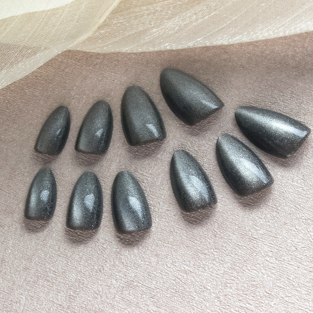 Enchanted Night Metallic Sharp Long Almond Gray Shimmer Press On Nail Set