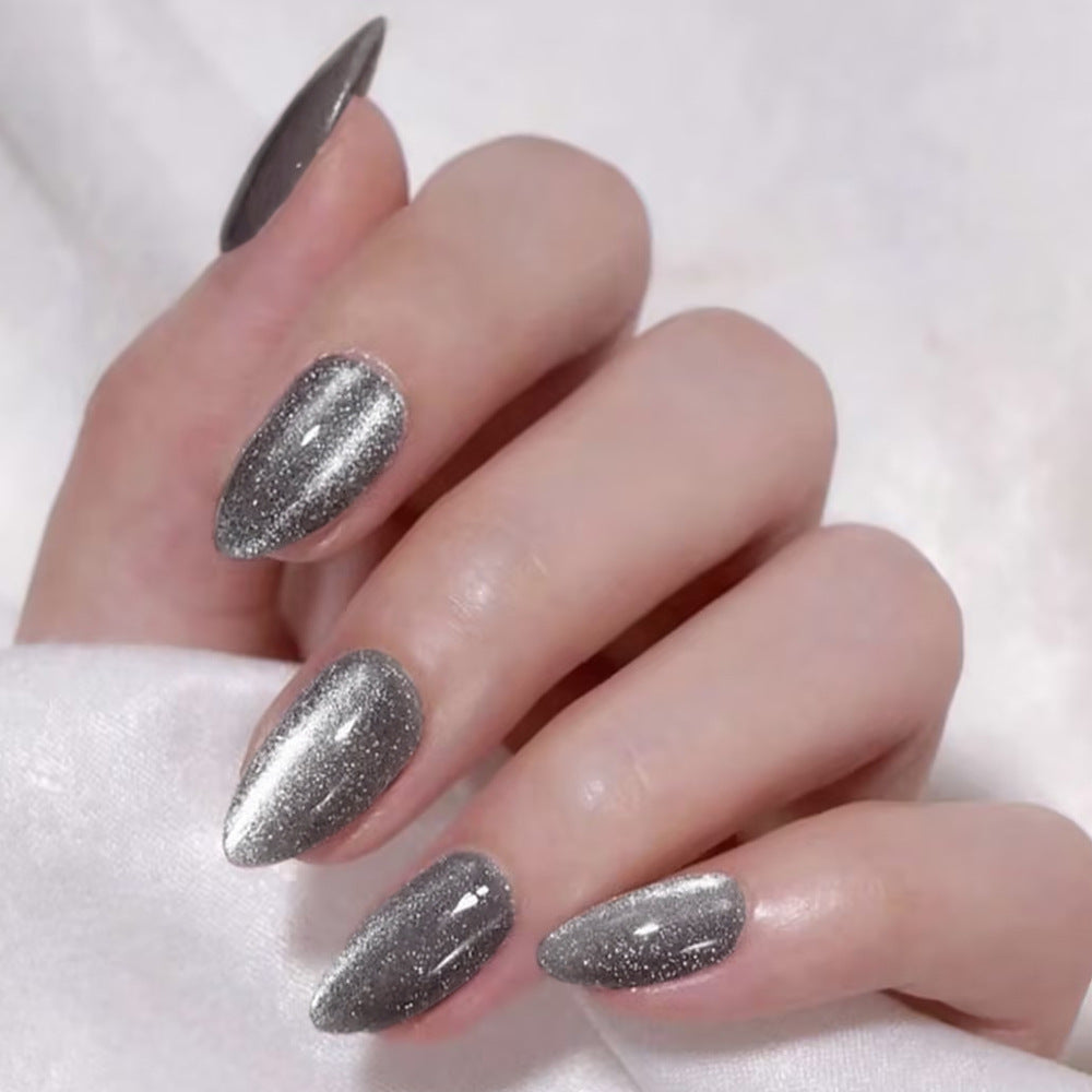 Glamorous Night Out Long Almond Metallic Gray Press On Nail Set with Eye-Catching Glitter Finish