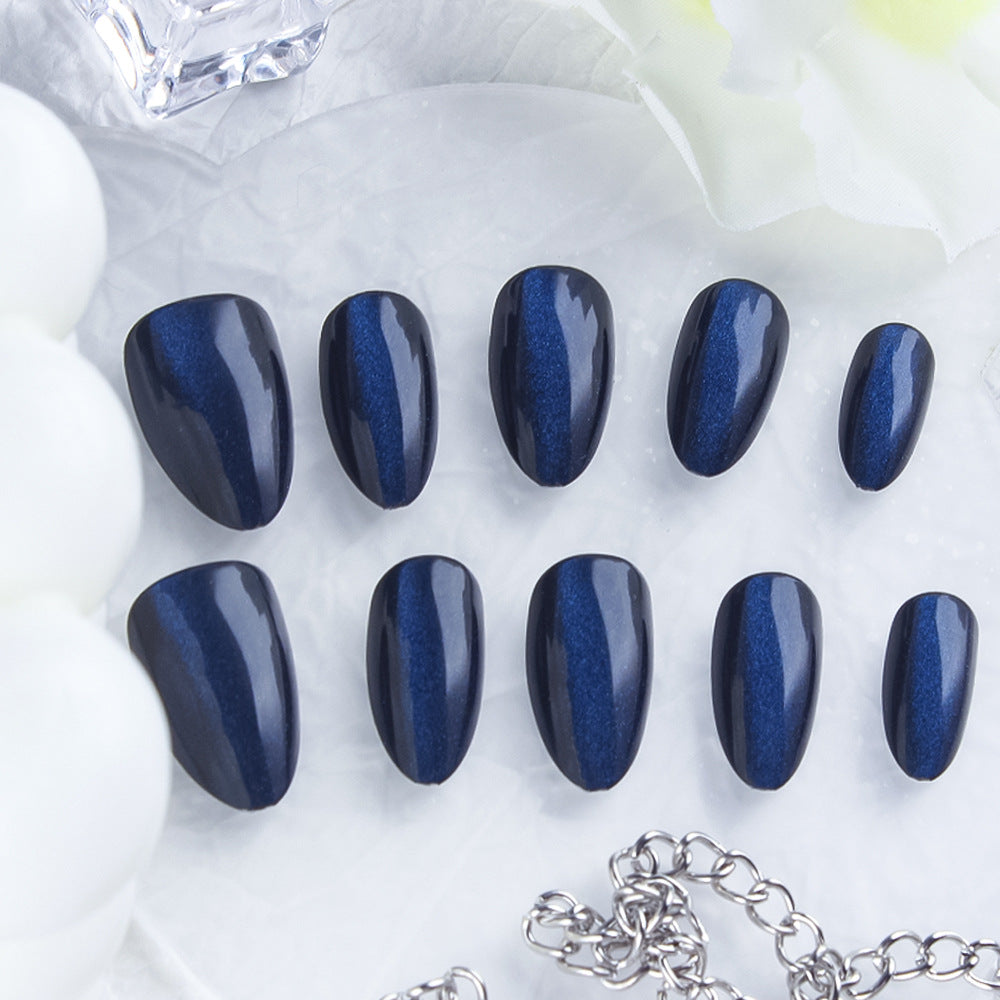 Midnight Elegance Smooth Long Almond Shape Deep Blue Magnetic Press On Nail Set