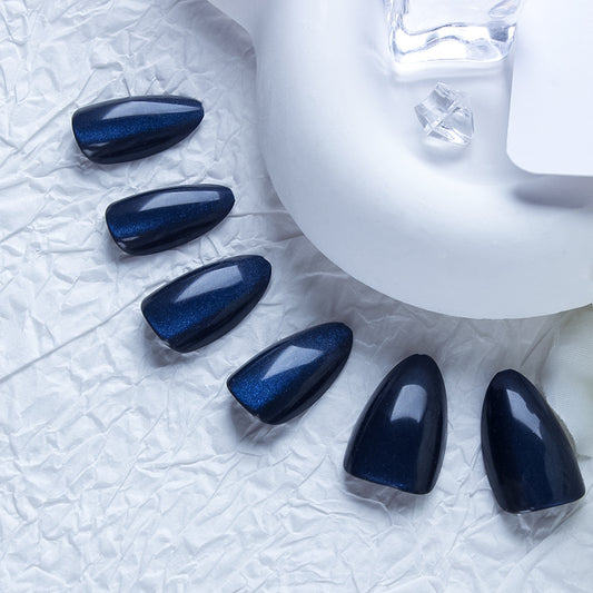 Celestial Elegance Long Almond Dark Blue Shimmer Press On Nail Set