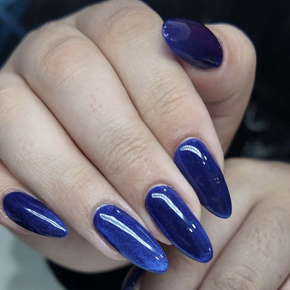Mystical Twilight Glossy Long Almond Shaped Deep Blue Mirage Nail Set