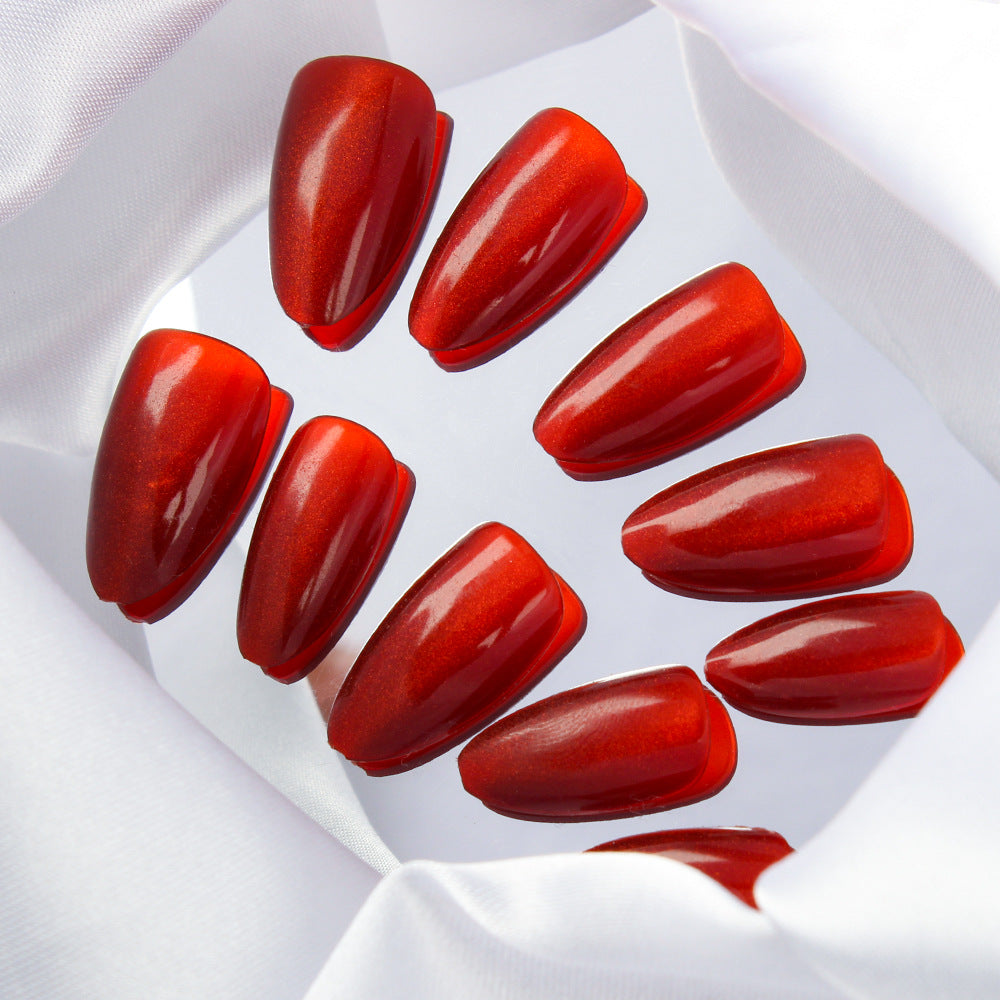 Glamorous Ruby Long Almond Press On Nail Set with Glitter Finish