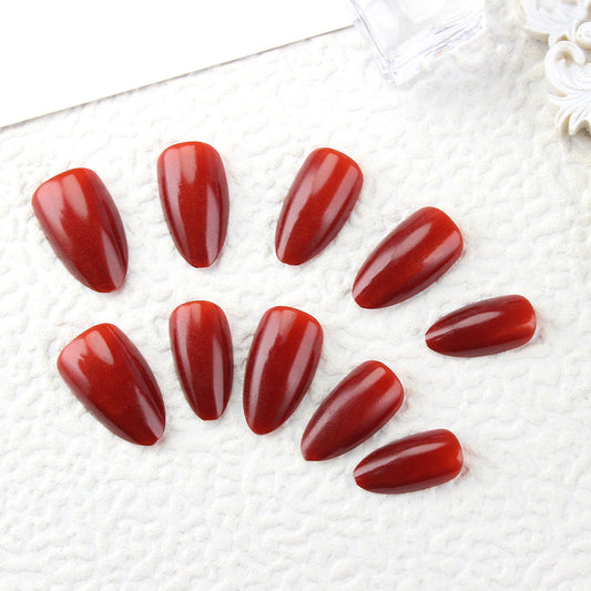 Enchanting Elegance Long Almond Shaped Deep Red Press On Nail Set with Stunning Glossy Finish