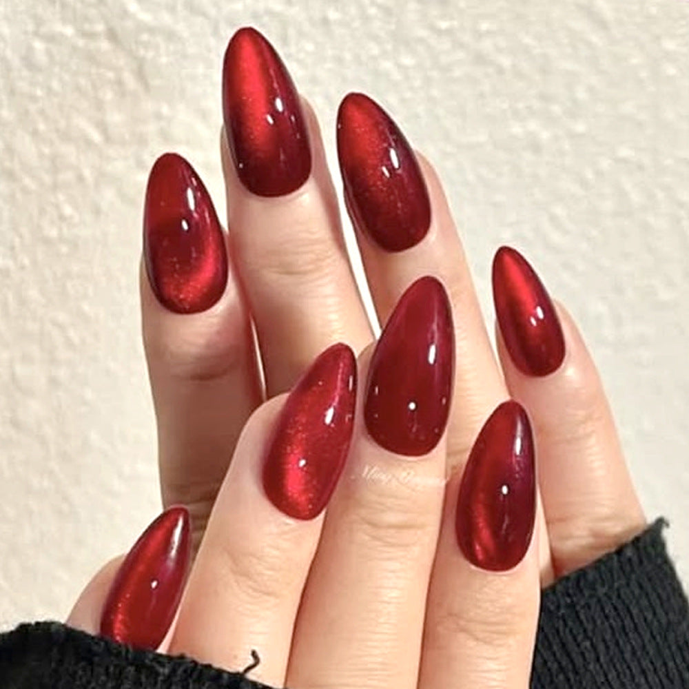 Glamorous Ruby Dream Long Almond Shape Deep Red Color Shimmering Finish Press On Nail Set