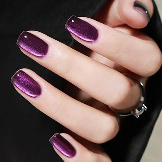 Glamorous Twilight Medium Square Press-On Nails in Deep Purple with Dazzling Sparkle Feature