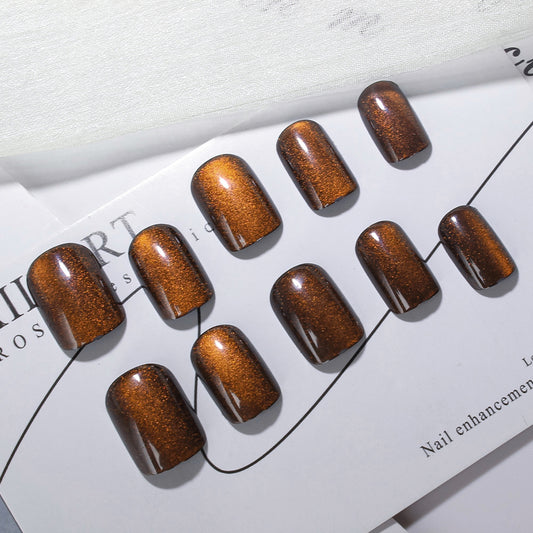 Autumn Elegance Shiny Medium Square Shaped Dark Brown Press On Nail Set with Sparkling Glitter Finish