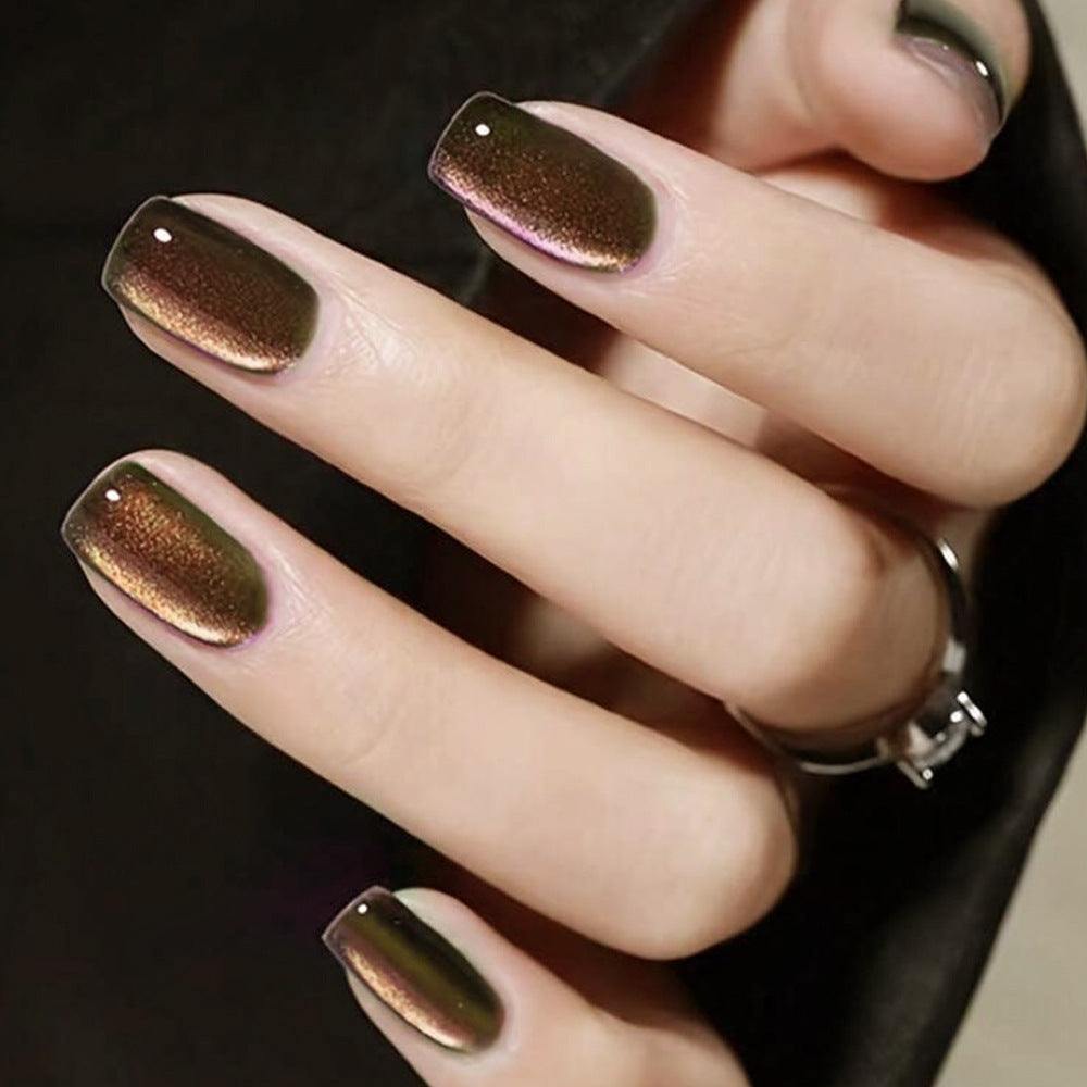 Mystical Autumn Medium Square Press-On Nail Set in Deep Olive Green with Iridescent Finish