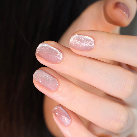 Glamorous Fairy Tale Short Square Press On Nail Set in Soft Pink with Iridescent Sparkle