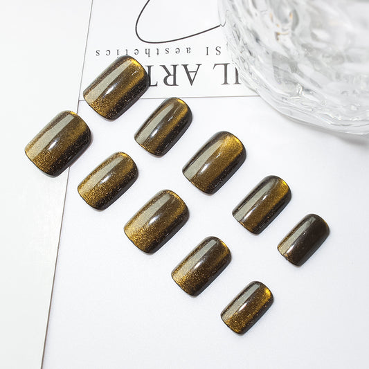 Glamorous Autumn Frosted Medium Square Press On Nail Set in Shimmering Gold and Deep Brown Finish with Iridescent Sparkle