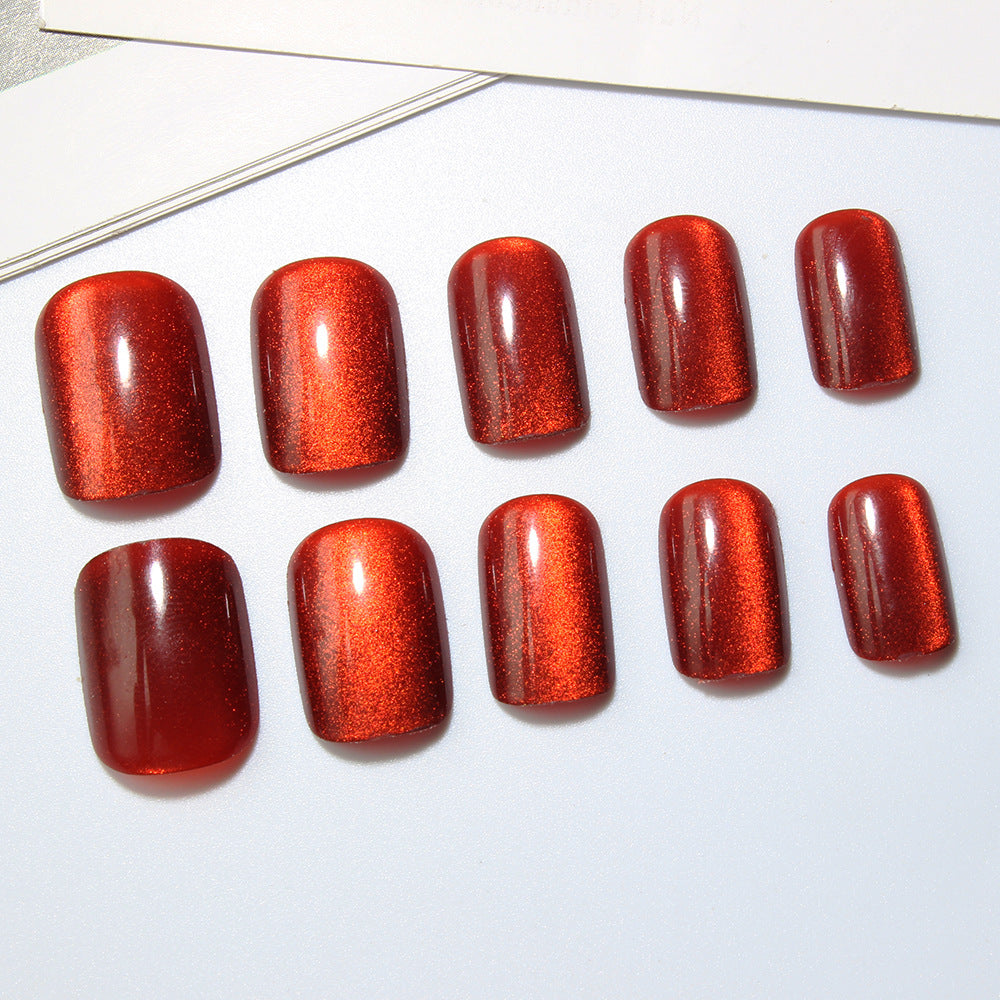 Glistening Autumn Vibes Bold Red Glassy Medium Square and Oval Press On Nail Set with Sparkling Finish