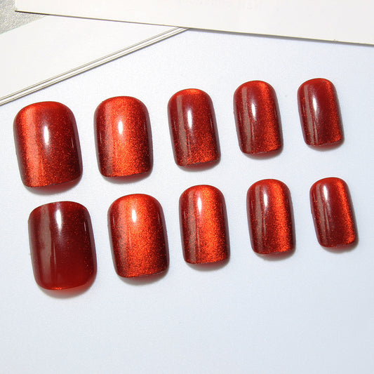 Glistening Autumn Vibes Bold Red Glassy Medium Square and Oval Press On Nail Set with Sparkling Finish