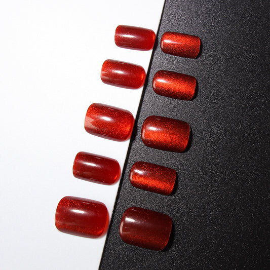 Glistening Autumn Ember Press On Nail Set Medium Square Red Sparkle Finish