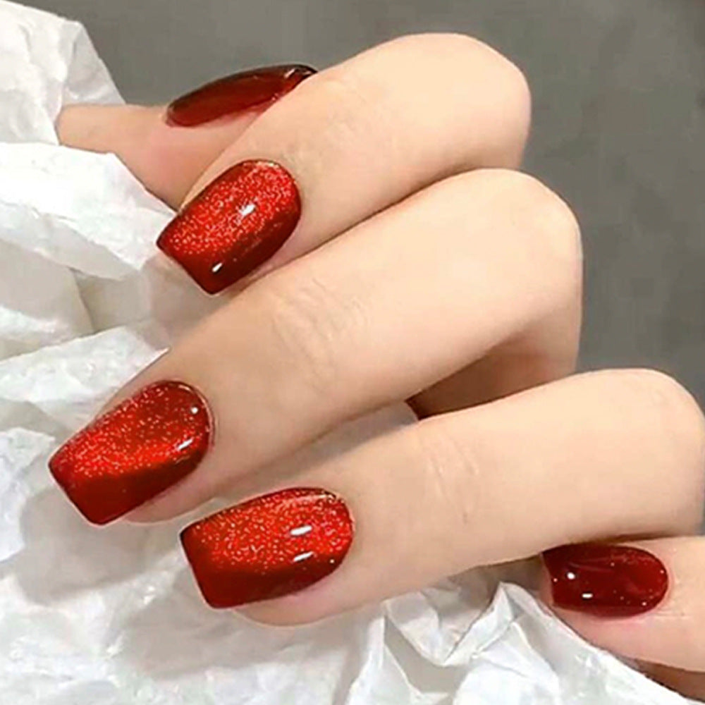Glamorous Ruby Medium Square Press On Nail Set with Sparkling Glitter Finish
