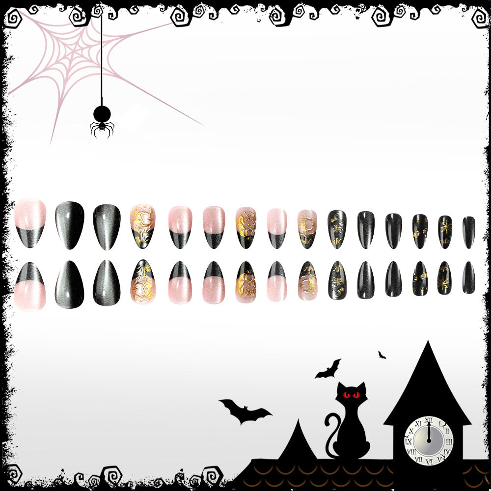 Spooky Elegance Medium Almond Pink and Black Gradient with Gold Floral Details Press on Nail Set
