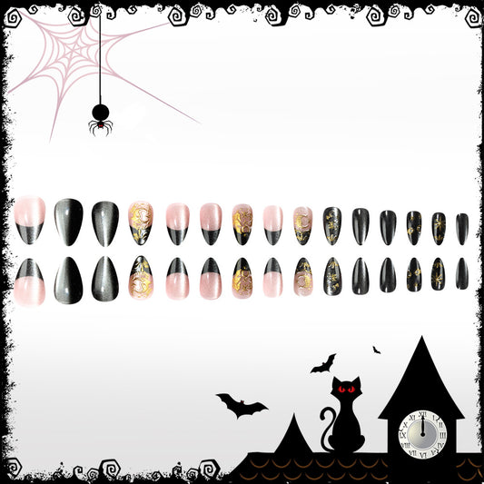 Spooky Elegance Medium Almond Pink and Black Gradient with Gold Floral Details Press on Nail Set