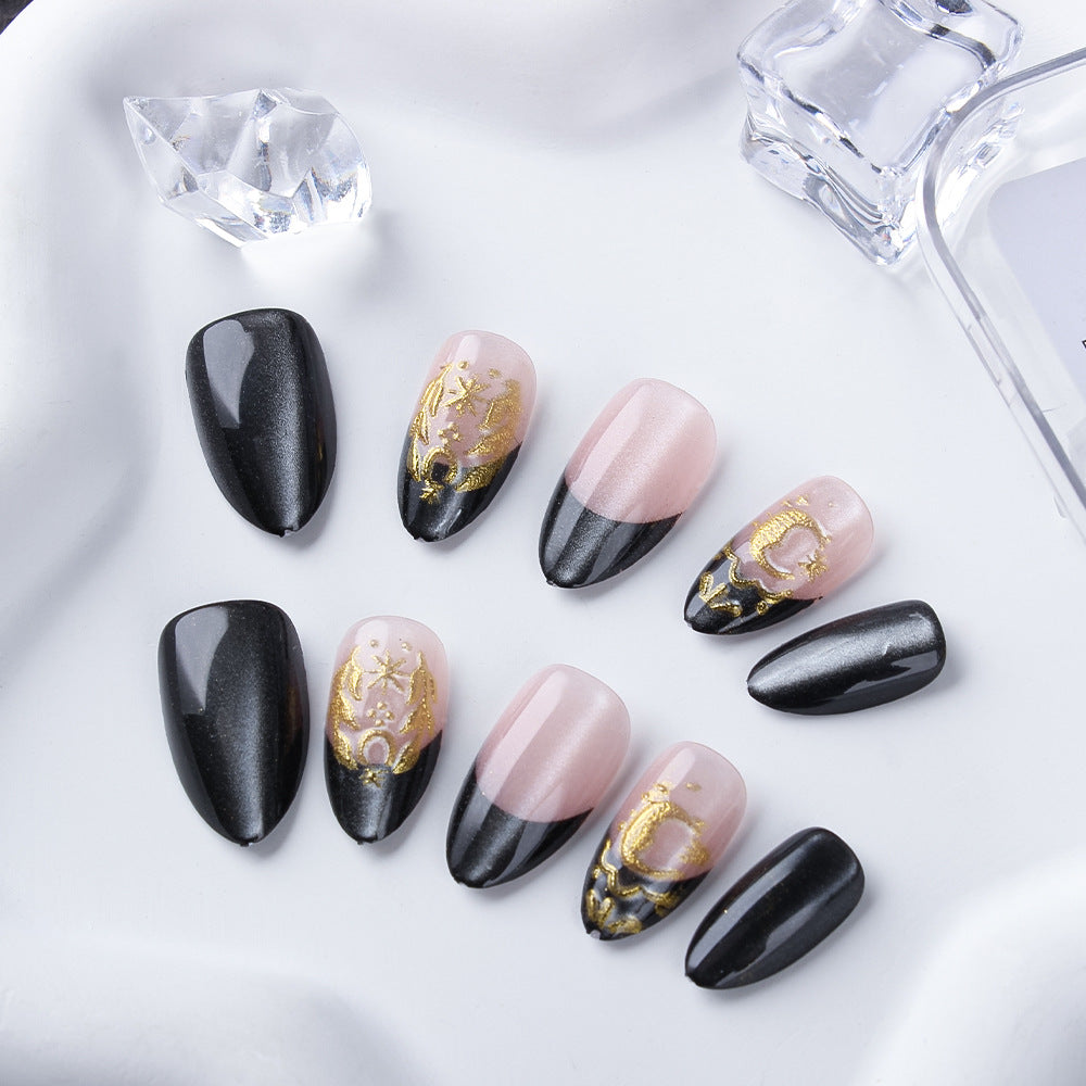 Glamorous Elegance Medium Almond Black and Pink Press On Nail Set with Stunning Gold Detailing