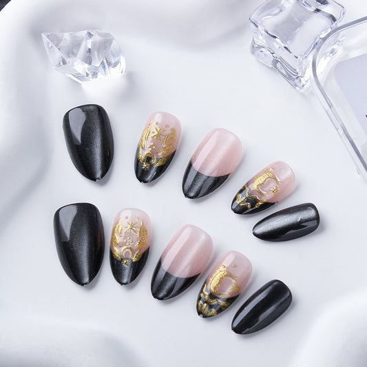 Glamorous Elegance Medium Almond Black and Pink Press On Nail Set with Stunning Gold Detailing