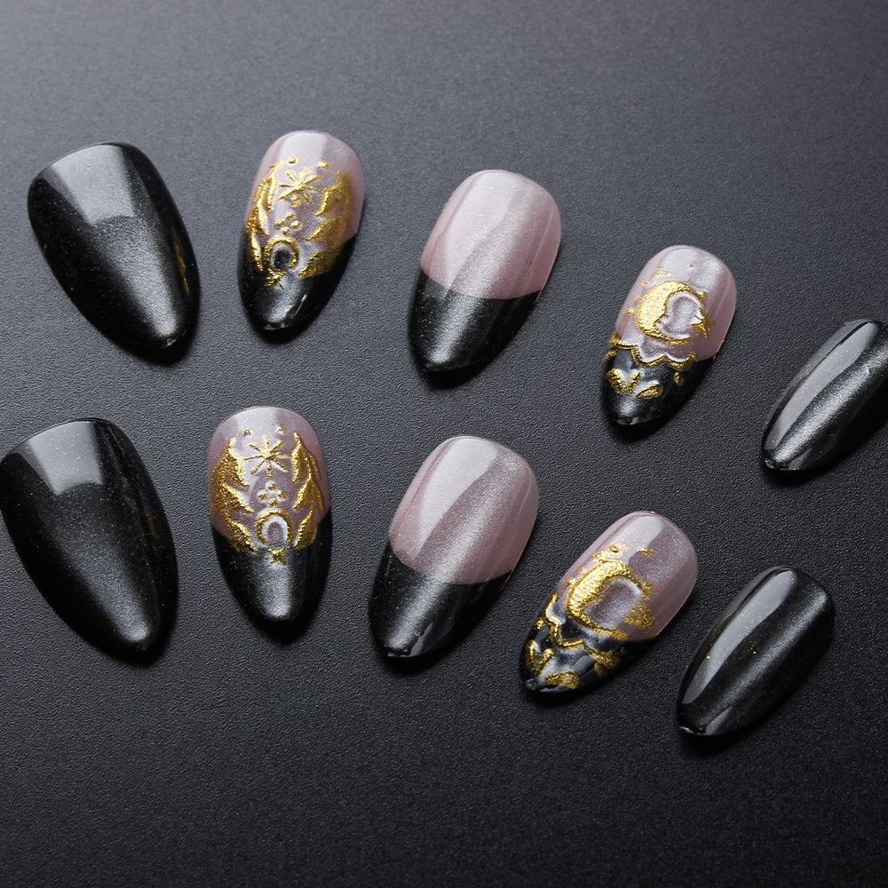 Gothic Elegance Medium Almond Black and Pink Ombre with Gold Accents Press on Nail Set