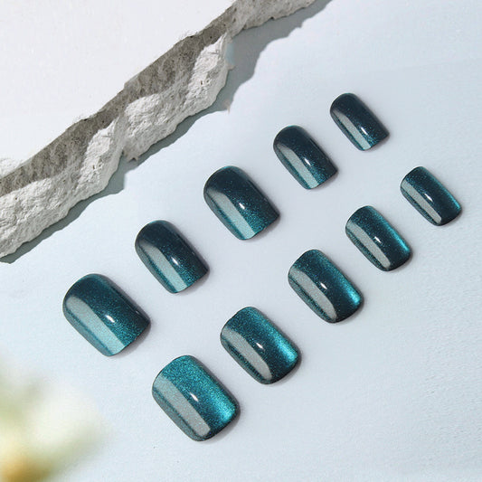 Mystical Ocean Press on Nail Set Medium Square Deep Teal Shimmering Outline Finish