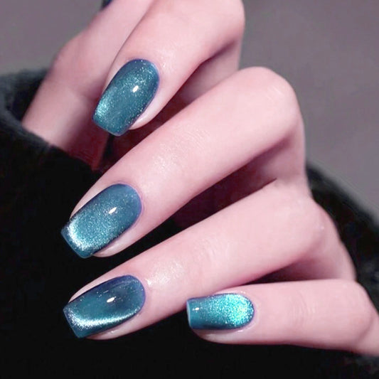 Enchanted Ocean Shimmer Medium Square Teal Glittery Press On Nail Set