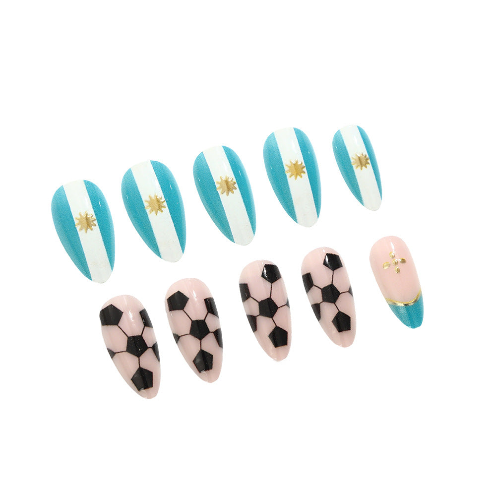 Soccer Celebration Medium Almond Turquoise and White with Soccer Pattern and Gold Accents Press On Nail Set