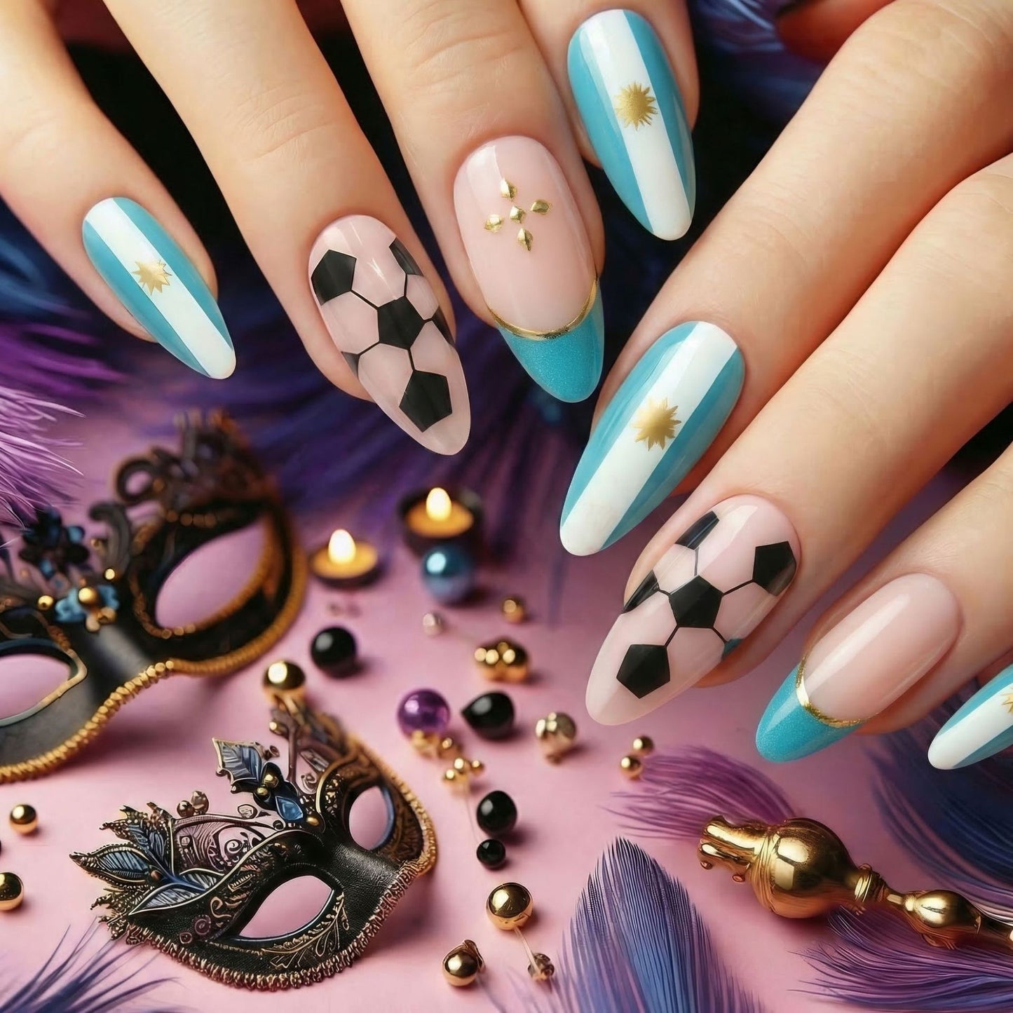 Fiesta Vibes Long Almond Light Blue and Pink Nail Set with Soccer Ball Design and Gold Accents
