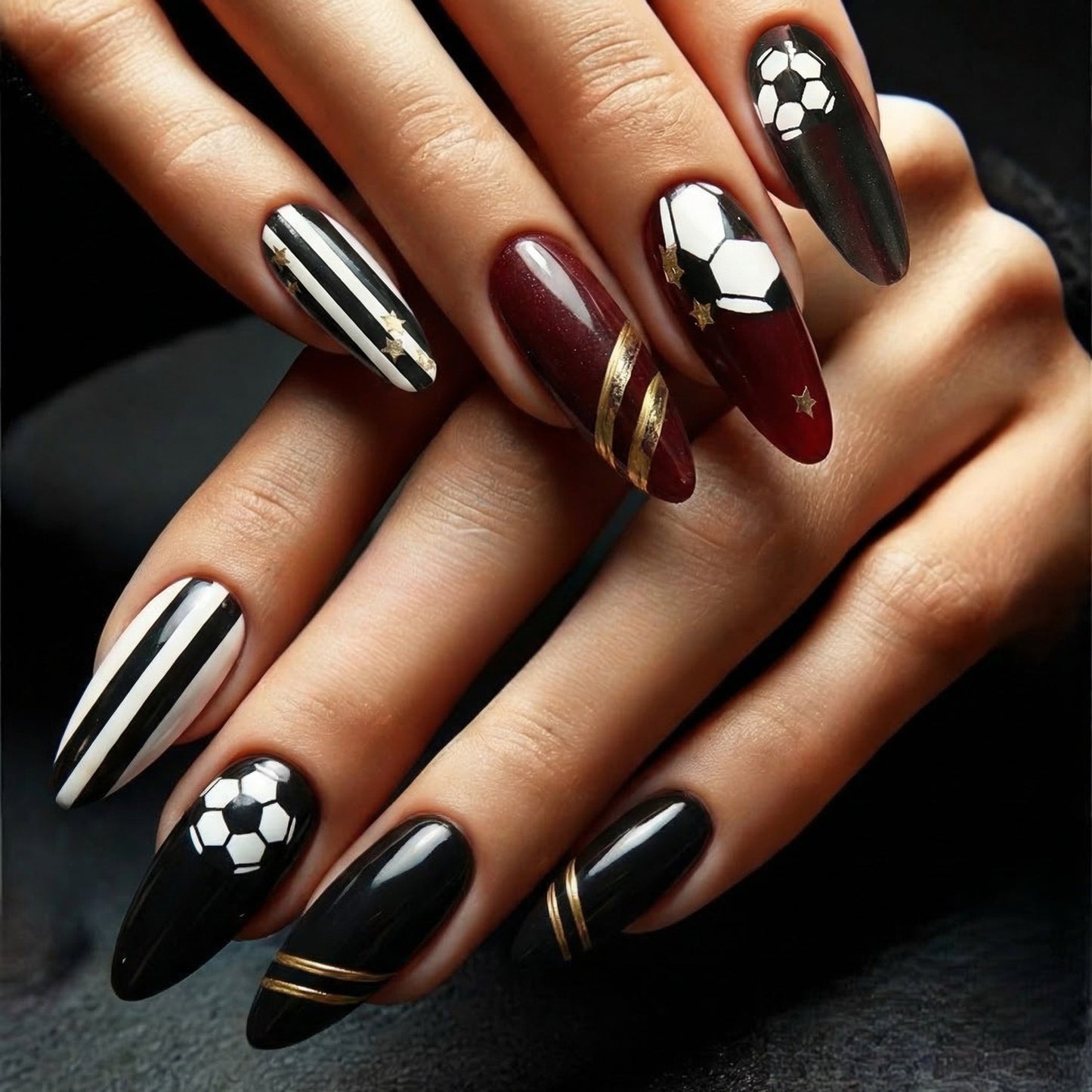 Soccer Star Style Long Almond Black and Red with Gold Accents and Soccer Ball Designs Press-On Nail Set
