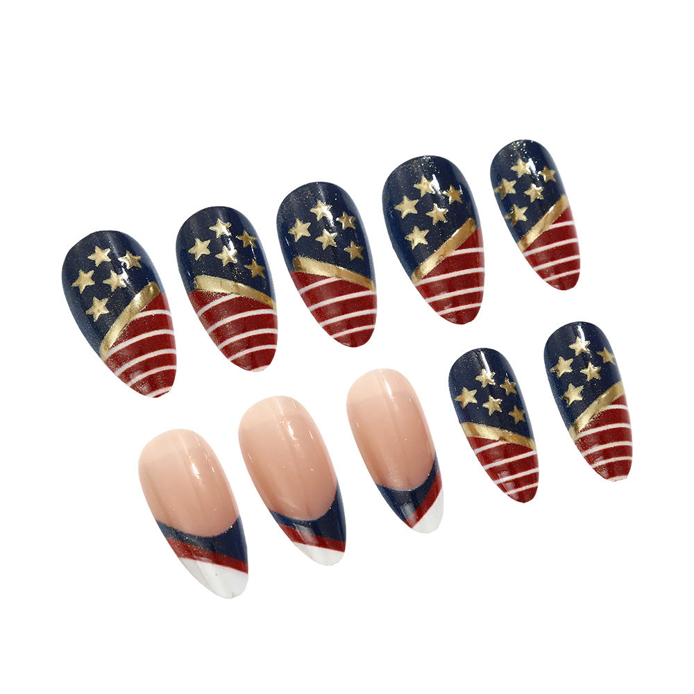Patriotic Glamour Long Almond Style Red Blue and Gold Star Spangled Press On Nail Set