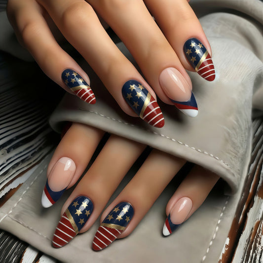 Patriotic Elegance Long Almond Red Blue and White Nail Set with Star and Stripe Design