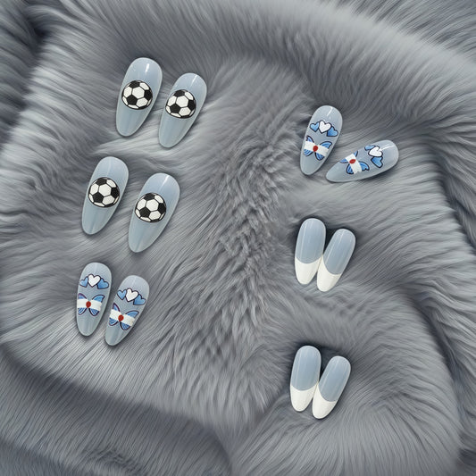 Soccer Star Dreamy Long Almond Gray Press On Nail Set with Charming Sports and Floral Designs