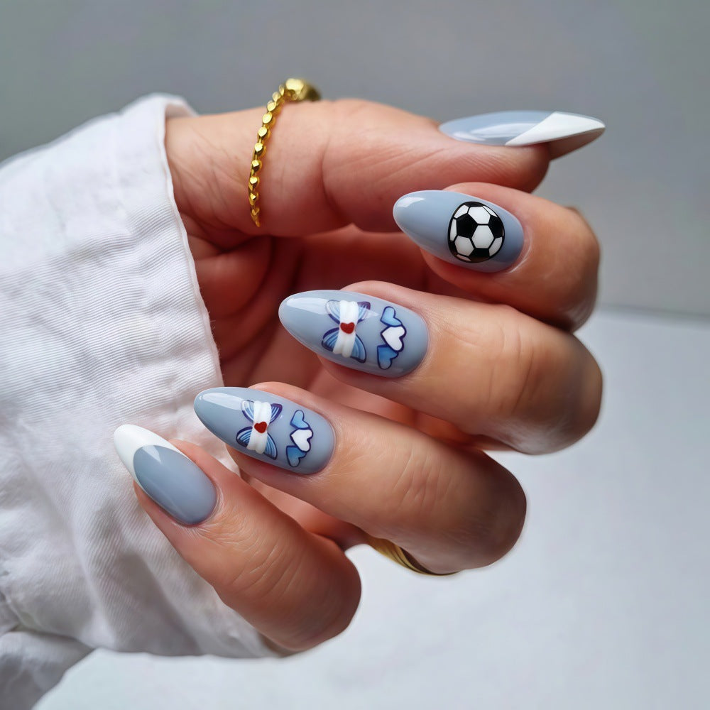 Charming Sports Theme Long Almond Soft Blue Press on Nail Set with Floral and Soccer Ball Accents