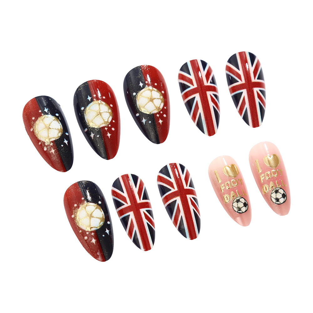 Football Fever - Long Almond Red and Blue with Union Jack Design and Soccer Motif Press-On Nail Set