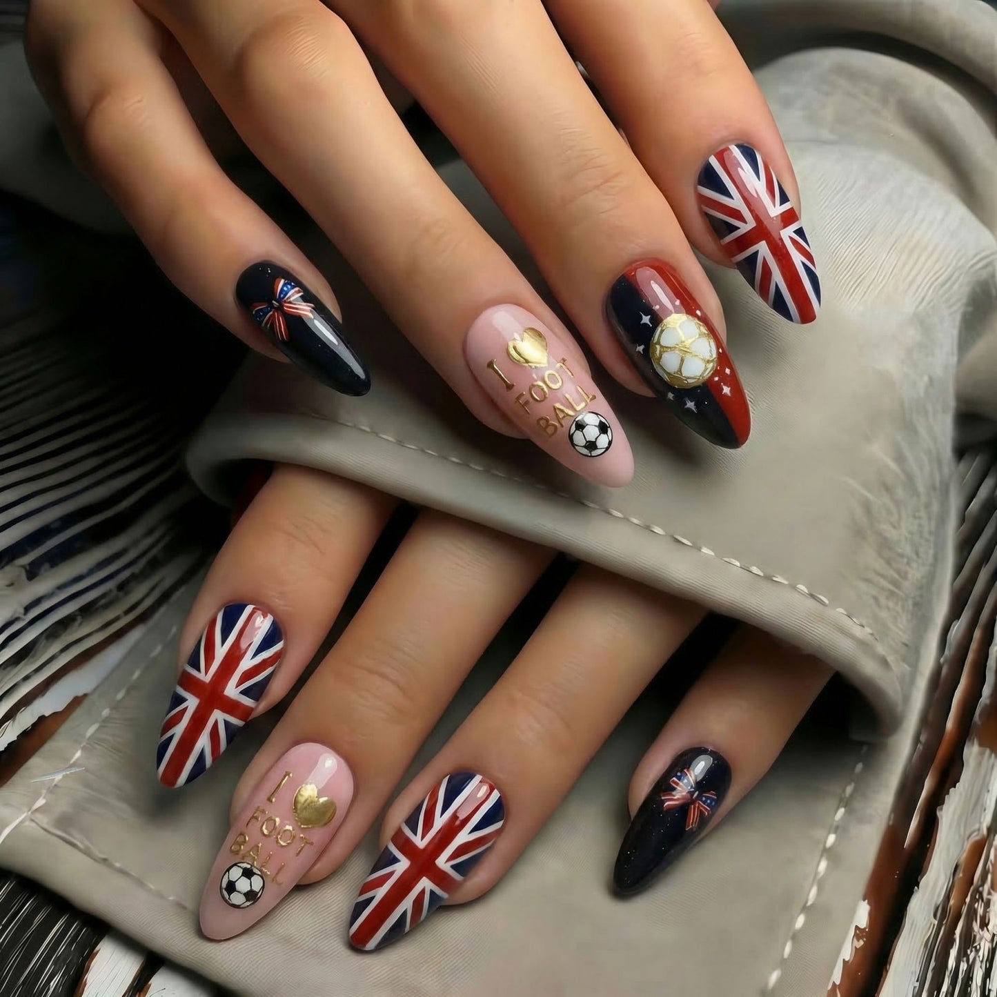 Sports Fever Elegant Long Almond Red and Blue Press on Nail Set with Unique Football Themed Designs