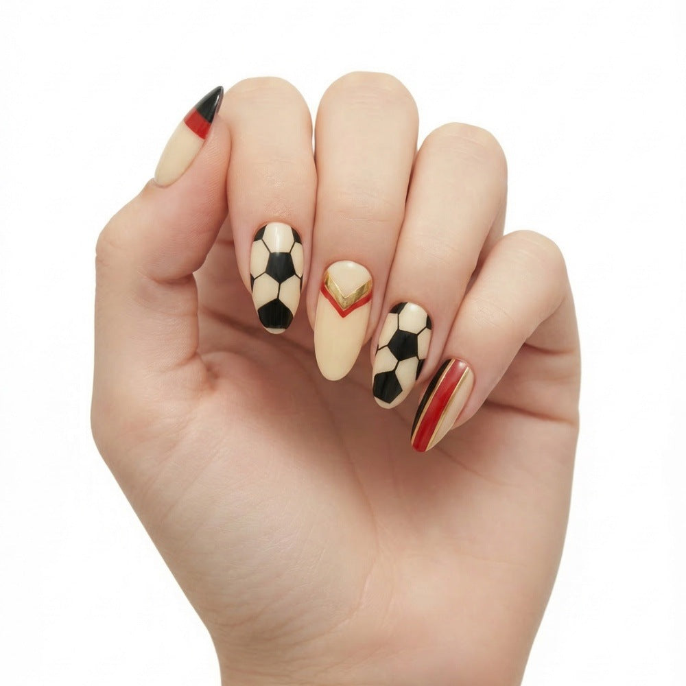 Soccer Spirit Chic Medium Almond Black and Gold Geometric Nail Design Set