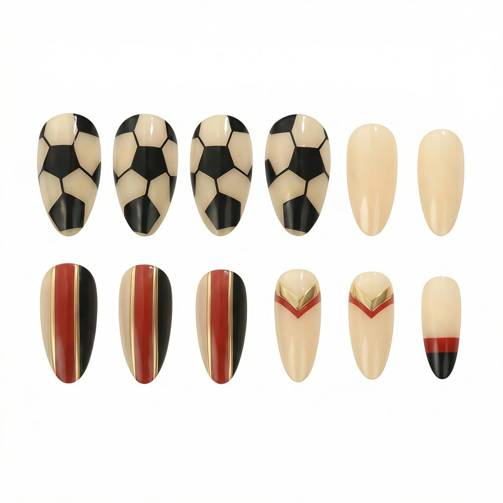 Soccer Star Inspired Medium Almond Press-On Nail Set in Black and Beige with Unique Sports Theme Design